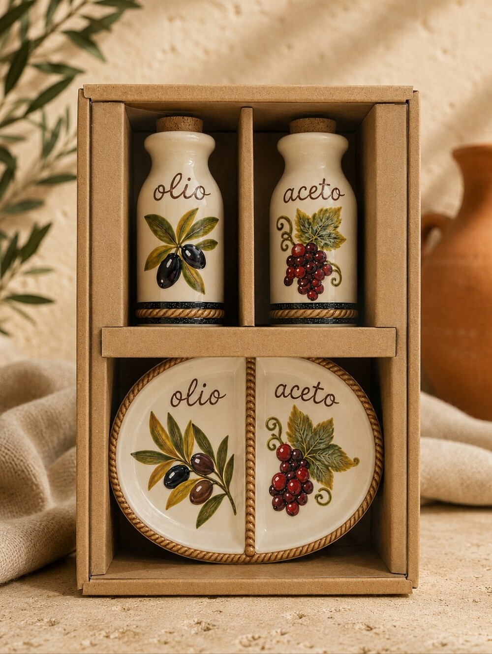Grasslands Road Oil & Vinegar Ceramic Set Olio Aceto Tuscan NEW IN BOX!